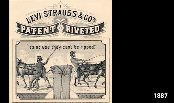 The LS&Co. two-horse pull logo depicting illustrations of two men directing two horses pulling a pair of pants. Text reads "Levi Strauss & Co.'s Patent Riveted" and the quote "'It's no use they can't be ripped.'" 1887 is typed in the corner.