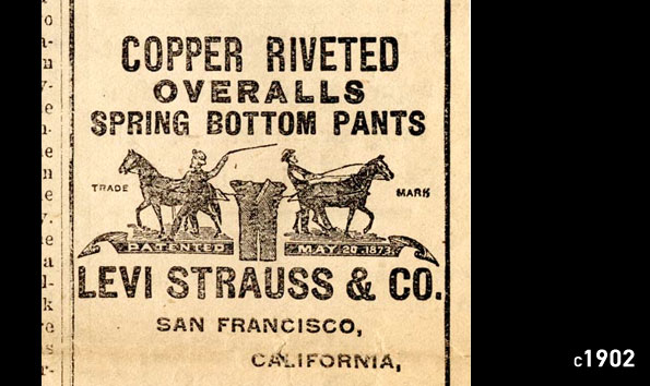 A 1902 depiction of the LS&Co. two-horse pull logo. Text reads "Copper riveted overalls spring bottom pants" above an illustration of two horses pulling a pair of pants in the middle. Text below the illustrations reads "Levi Strauss & Co. San Francisco, California."