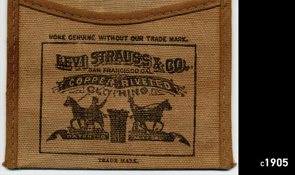 A cloth patch from c1905 depicting the LS&Co. two-horse pull logo. The text "More genuine without our trade mark" is typed above the logo, which reads "Levi Strauss & Co. San Francisco, CA. Copper Riveted Clothing"