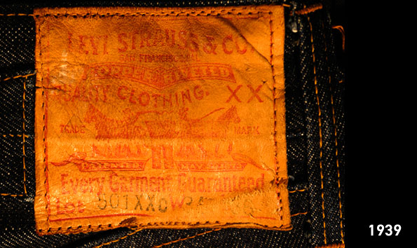 A faded leather patch on the back of a pair of Levi's® jeans circa 1939.