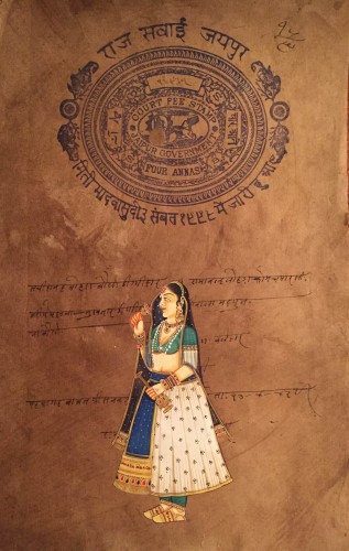 Painting of a Hindi woman in royal attire, including leggings, which I purchased in Jaipur.
